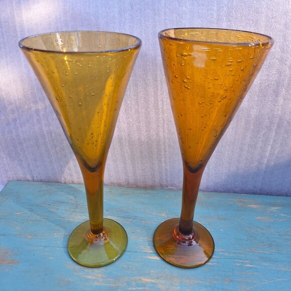 Vintage Golden Wine Goblets Bubble Glass Handmade Signed French Artist France - Picture 9 of 16